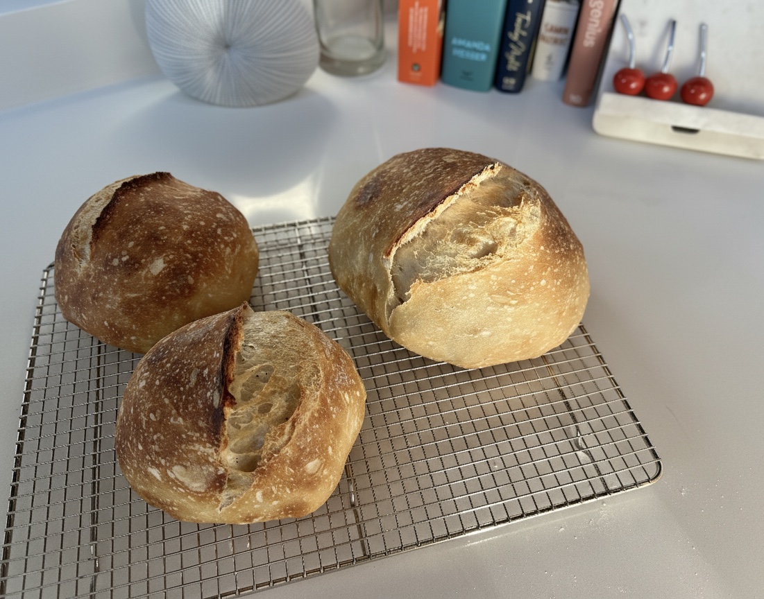 Three sourdough boules cooling on a wire rack