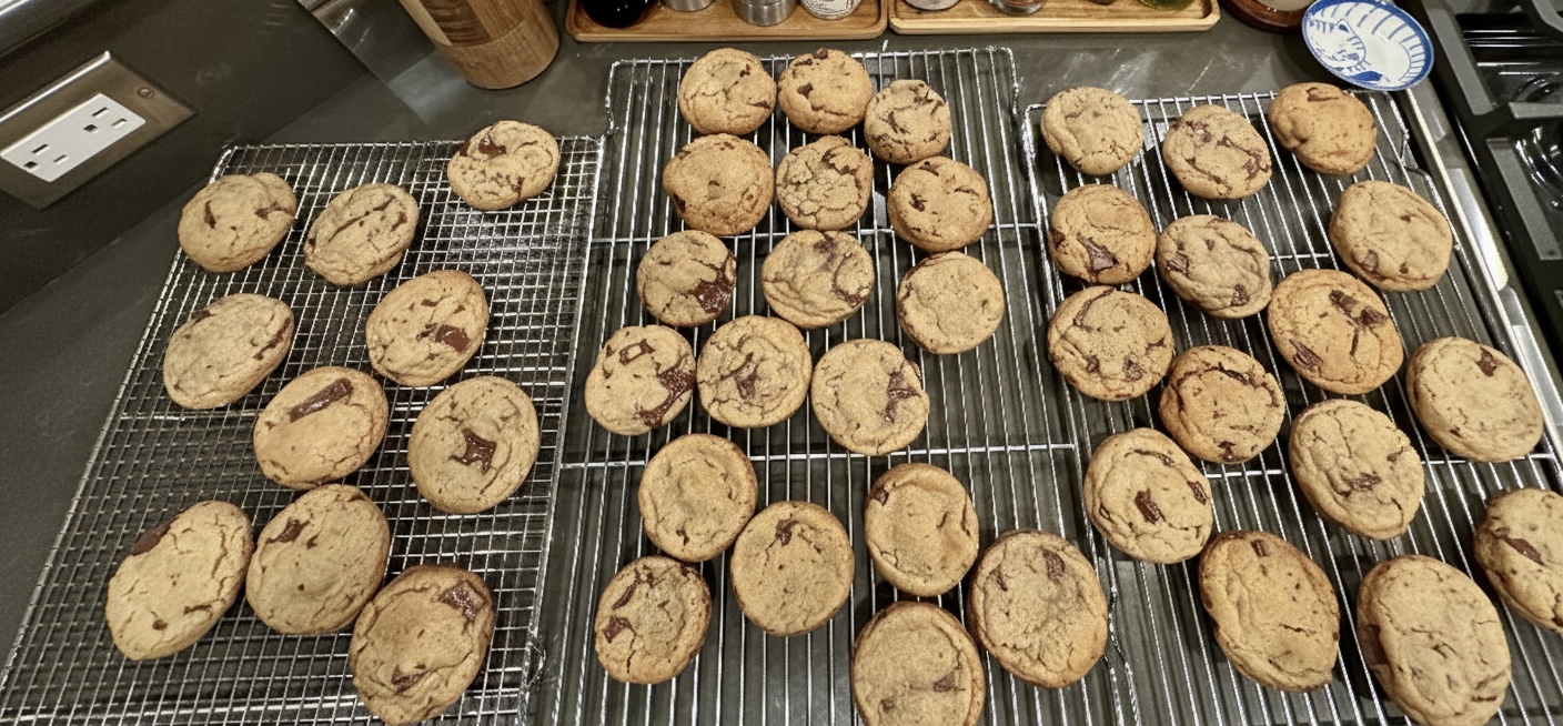 Batch of rounded chocolate-chip cookies cooling on racks