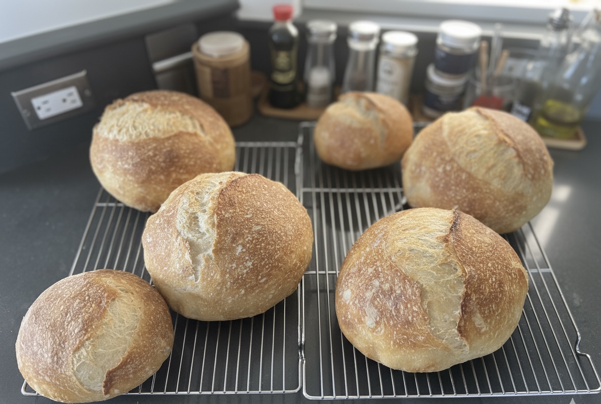 Sourdough boules cooling on rack